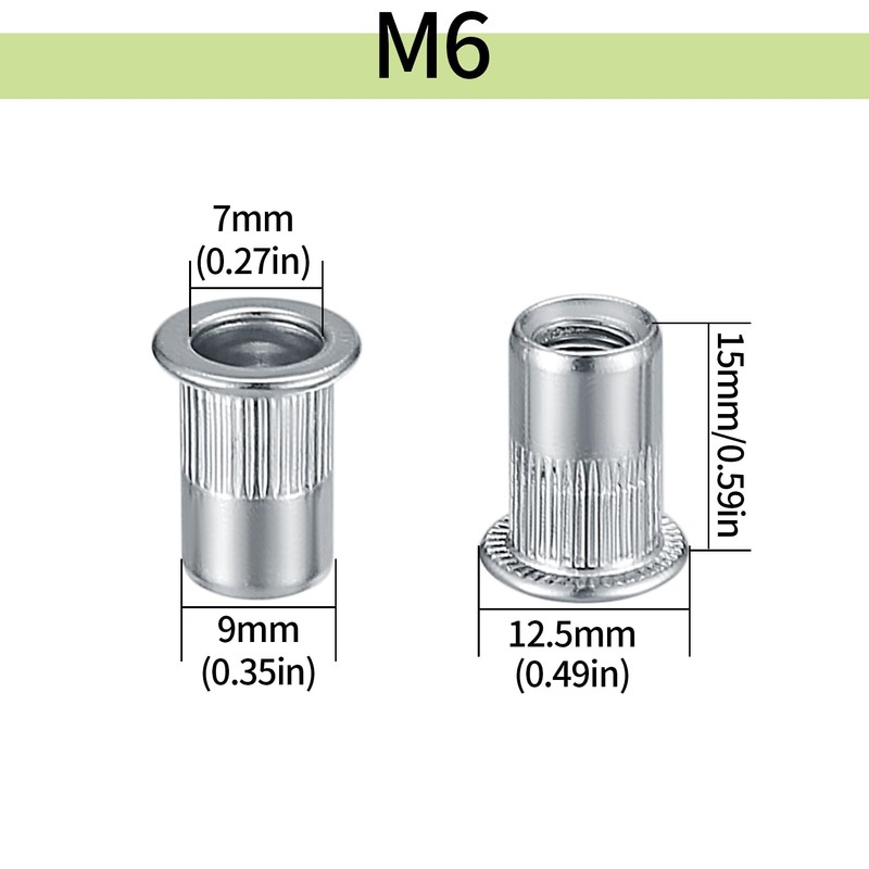 60 Pcs Rivet Nuts Set, M6 Stainless Steel Rivnuts, Flat