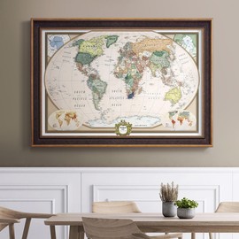 Renditions Gallery Colorful World Map Canvas Wall Art with Gold and Walnut Frame Wall Hanging Travel Map with Push Pins for Home, Office, Classroom