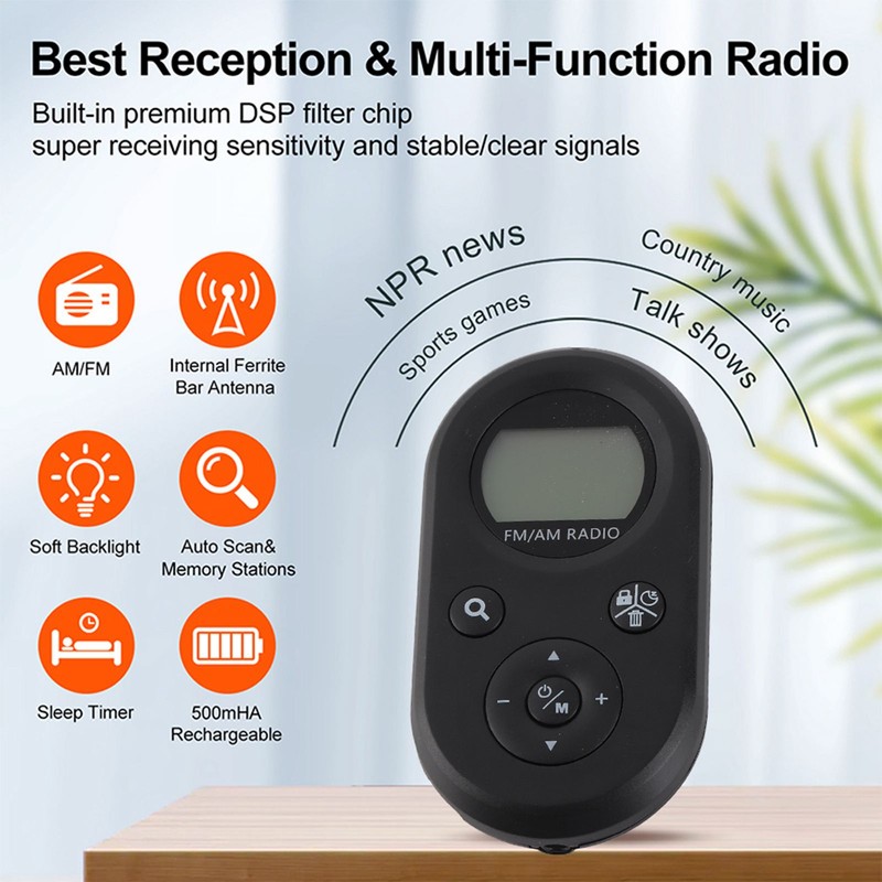 Pocket Radio Black with Backlight Rechargeable LCD Display 500mAh Portable