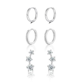 Earrings 925 Silver Set for Women 3 Pairs 14 Carat Gold-Plated Stud Earrings Hoop Earrings Set with Zirconia Stackable Multiple Piercings Jewellery Gift for Women, Yellow Gold