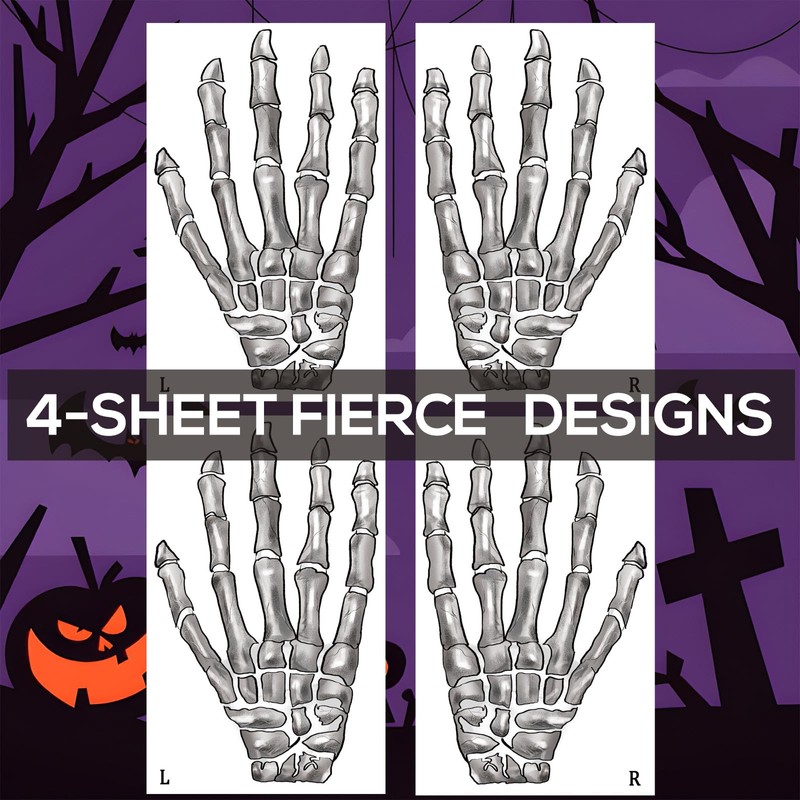 4-Sheet 3D Skeleton Hand Temporary Tattoos - Dual Left &