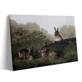 Happy Easter Canvas Wall Art, Vintage Bunny Pictures Print Framed Wall Decor, Cute Bunny Springtime Festival Print Oil Painting Artwork for Nursery or Farmhouse Decoration 11x14inch