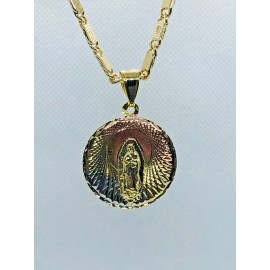 Virgen de Guadalupe Medalla redonda y Cadena Oro Laminado 26"
