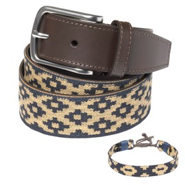 PELPE Argentine Leather Belt with Matching Cord and Leather Wristband Embroidered Leather Belt for Men and Women Argentine Polo Belt, beige / blue