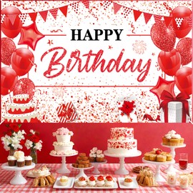 Red White Happy Birthday Banner Decorations Large Red Birthday Banner Red White Birthday Sign Backdrop Background Photography Banner for Men Women Girls Birthday Anniversary Party Supplies 71x44 Inch