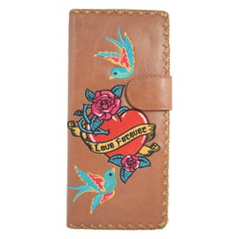 Skelapparel Tattoo Art love forever Sparrow birds embroidered Large flat wallet (Brown)