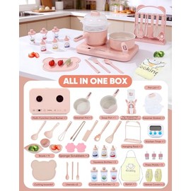 Cooking Sets Real Electric Dual Stove - Montessori Real Cooking Set with Mini Kitchen Tools, Safe Utensils, Apron & Cookware - Great for Pretend Play Montessori Learning (Pink)