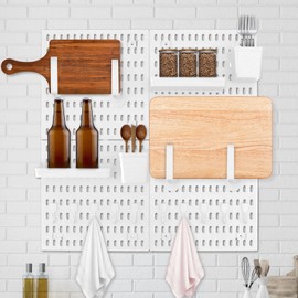 Pegboard Combination Kit Wall Mounted Peg Board Kits with 4 Pegboards and 18 Accessories Wall Mounted Peg Boards Organizer Space Saving Pegboard Storage Set for Kitchen Bedroom Office (White)