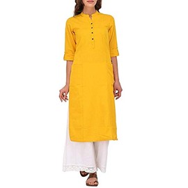 Ladyline Women's Pure Cotton Plain Tunic Top 3/4 Sleeves Roll-up Button Neck with Pocket Long Kurti Kurta (Mustard-40)