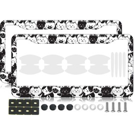 2PCS Black & White Cat Pattern License Plate Frames for Men Women - Universal Aluminum Stainless Steel Kitten Car Tag Covers Holder with Screws, Caps, Rattle Proof Pads and Handlebar Stickers