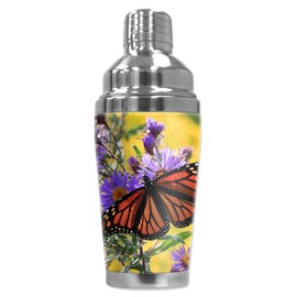 Mugzie 16 Ounce Stainless Steel Cocktail Shaker/Martini Shaker with Wetsuit Cover - Monarch Butterfly on Purple Flower