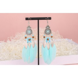 Women Faux Feather Earrings Dream Catcher Earring Natural Feather Bohemian Fringe Earrings Long Drop Dangle Earrings (blue)