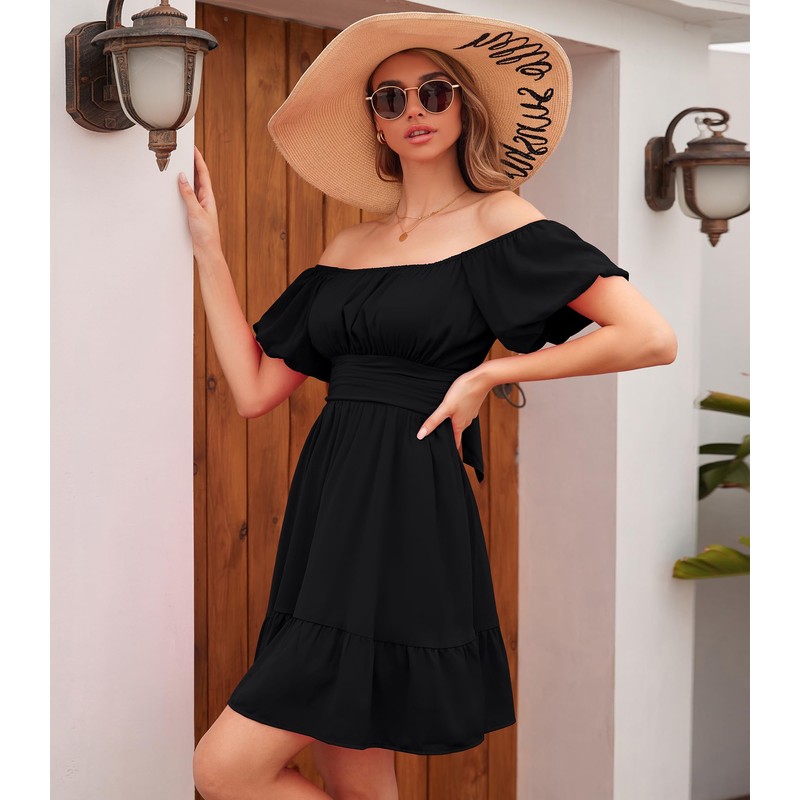 Phortric Womens Tie Back Summer Dress Square Neck Short Sleeve