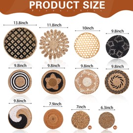 Nuenen 14 Pcs Boho Wall Basket Decor, Decorative Hanging Woven Basket Wall Decor Rustic Round Handmade Placemats for Farmhouse Living Rooms Bedrooms Table Kitchen Home Display(Retro Color)
