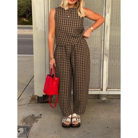 Melliflo Gingham Sets Women 2 Piece Outfits Sleeveless Plaid Loungewear Checkered Crop Tanks and Pant Sets with Pockets, Khaki Plaid Pant Sets, XX-Large