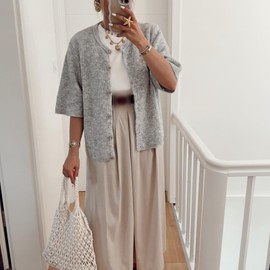 Womens Button Up Short Sleeve Cardigans Sweater Cropped Lightweight Round Neck Elegant Knit Tops with Pockets (Gray, M)