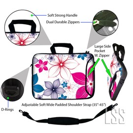 LSS 17 17.3 inch Laptop Sleeve Bag Compatible with Acer, Asus, Dell, HP, Sony, MacBook and More | Carrying Case Pouch w/Handle & Adjustable Shoulder Strap,White Pink Blue Flower Leaves