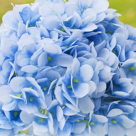 Enova Floral Artificial Silk Hydrangea Fake Flowers Arrangement in Round Clear Glass Vase with Faux Water for Home Office Wedding Event (Blue)