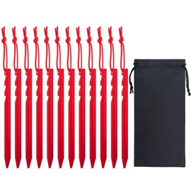 WIFUN 12 Pieces Tent Pegs, Triangular sawtooth Heavy Duty Tent Pegs Aluminium Alloy Red Camping Tent Stake Nail with Reflective Rope for Camping, Outdoor, Beach, and Hiking