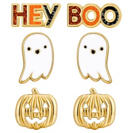 INNERDIVA 6pcs Gold Letters White Ghost Silver Pumpkin Stud Earrings Statement Earrings for Men Women Girls, Stainless Steel, goldstone