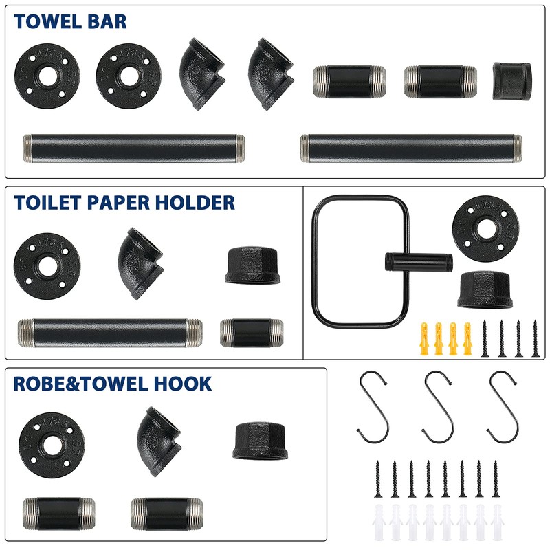 NearMoon 4 Pieces Industrial Pipe Bathroom Hardware Set, Include 18