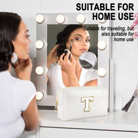 URSKYTOUS Initial Preppy Makeup Bag for Women Travel Large Cosmetic Bag Cute Pink Makeup Pouch for Purse Zippered Toiletry Bag Organizer PU Leather Aesthetic Makeup Brushes Storage Bag Makeup Case