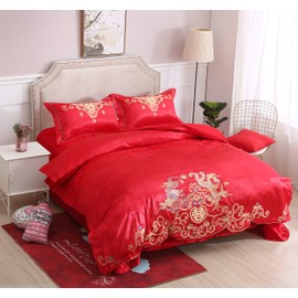 I-MART Queen Size Chinese Traditional Red Sheet Asian Bedding with Dragon and Phoenix Bird Embroidery Duvet Cover Set 4 Pcs