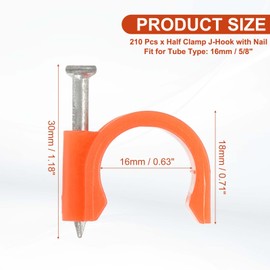 PATIKIL Half Clamp J-Hook with Nail 5/8" / 16mm, 210Pcs Pex Pipe Fixture Cable Clip Wire Wall Support Holder for Tubing CPVC Copper Pipe Fixing Connection, Red, 30mm Long Nail