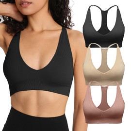 INIBUD Sports Bra for Women Halter V-Neck Racerback Minimizer Padded Bralettes Longline Crop Tops Seamless Workout Black+Nude+Purple Medium