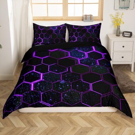 Black Purple Honeycomb Duvet Cover Neon Hexagon Comforter Cover Geometric Beehive Single Bedding Sets for Girls,Abstract Line Art Bed Set Modern Geometry Room Decor