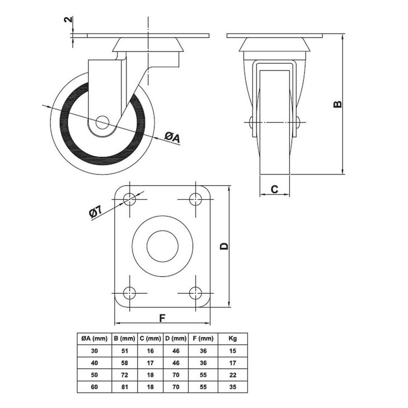 Heavy Duty Castors Set of 4 Diameter 50 mm Hard