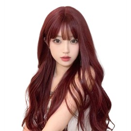 iirukaa Daily Women's Long Hair Curly Bangs Full Wig, Dark Red, Red Wig, Rose Red, Small Face, Natural, Heat Resistant, Wig, High Temperature Yarn, Dedicated Net, Harajuku Style, For Shooting, Event,