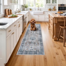 Washable 2x6 Kitchen Runner Rug - Hallway Rugs Low Pile Entryway Carpet Vintage Farmhouse Soft Thin Non-Slip Stain Resistant Indoor Floor Mat Home Decor for Bedroom Laundry Room(Grey/Blue, 2x6)