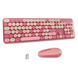 Wireless Keyboard and Mouse Combo, Round Keycaps, Retro Typewriter Keyboard Silent, Auto Sleep, 2.4G Wireless Connection for PC/Windows/Mac (Pink)