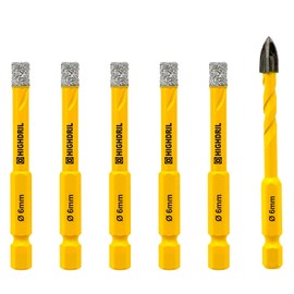 HIGHDRIL Dry Diamond Drill Bits - 6Pcs 1/4 inch (6/6/6/6/6mm+6mm Carbide Drill bit) Diamond Core Drill Bits Set with Quick-fit Hex Shank for Granite Marble Porcelain Tile Ceramic Dekton