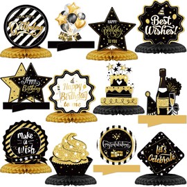 12 piezas de decoración de feliz cumpleaños, centros de mesa de panal para decoración de mesa, cumpleaños, panal, decoración de mesa para mujeres y hombres, suministros de fiesta temática de cumpleaños (dorado, negro)