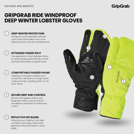 GripGrab Ride Windproof Deep Winter Lobster 3-Finger Cycling Gloves Thermal Fleece Lined Padded Windproof Cold Weather Water-Repellent