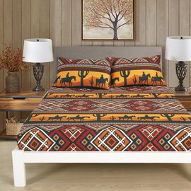 Chezmoi Collection 4-Piece Southwestern Sunset Cowboys Sheet Set Full Size - Multicolor Red Orange Black White Printed Brushed Microfiber Lightweight Breathable Deep Pocket Bed Sheets