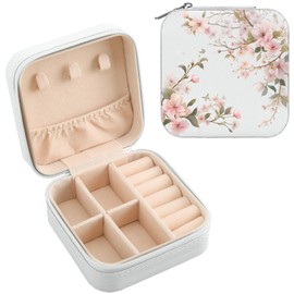 MAYCARI White Leather Square Travel Makeup Bag Floral Bloom FlowersLeather Makeup Case Portable Jewelry Organizer Case for Women Daughter Mother Birthday Christmas Gifts