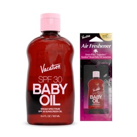 Vacation Baby Oil SPF 30 & Air Freshener Bundle, Hydrating & Nourishing, Mineral-Oil Free, Lightweight Formula, Transparent On All Skin Tones, Travel Size Sunscreen, 3.4 Fl. Oz.