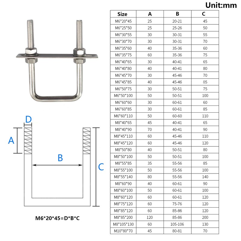 M8x50x100mm 304 Stainless Steel Square U Bolts with Hex Nuts