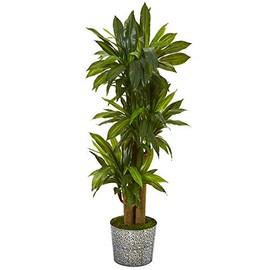 Nearly Natural 58in. Corn Stalk Dracaena Artificial Plant in Black Embossed Tin Planter (Real Touch)