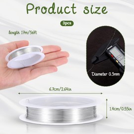 3 Rolls Beading Wire Silver 0.3mm Copper Wires for Jewelry Making, Tarnish Resistant Copper Jewelry Wires Thin Beading Wire for Jewelrys Making Pendant Art Craft DIY Weaving, 56 Feet/Roll