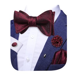Hi-Tie Burgundy Self-tie Bow Ties with Lapel Pin Silk Solid Formal Bow Ties Pocket Square Cufflinks Sets for Wedding Tuxedo