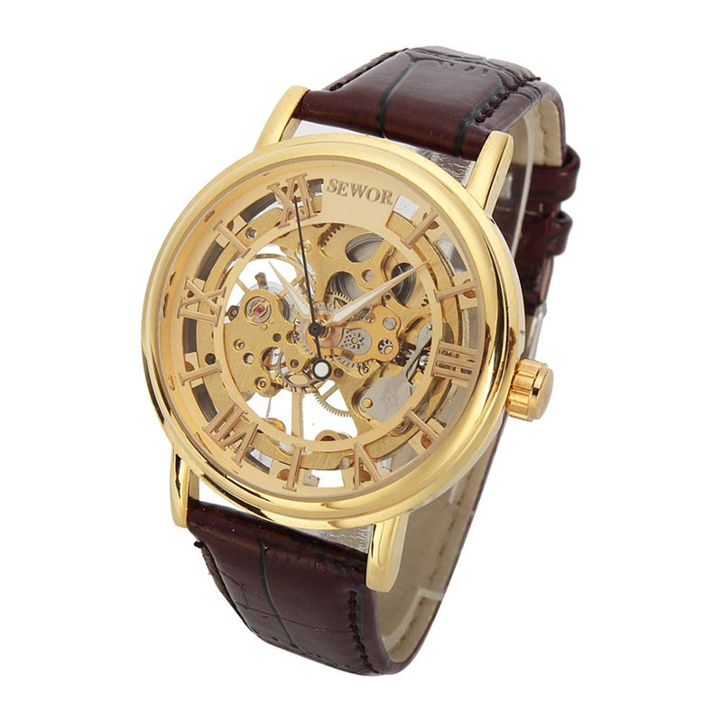 SEWOR Men's Mechanical Hand-Wind Skeleton Transparent Wrist Watch with Vintage