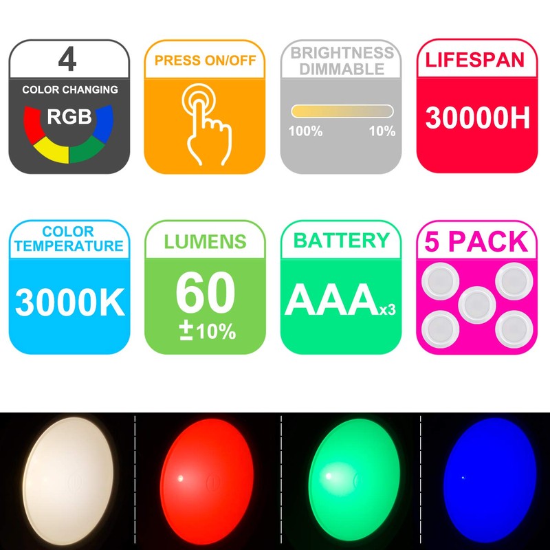 HONWELL Tap Light Wireless Touch Cabinet Light Multi Colored Push