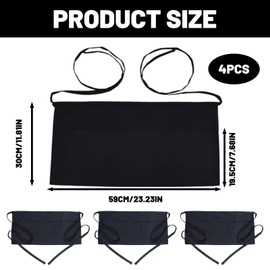 MXHBSTP 4 Pcs Waitress Apron, Black Waitress Apron with Pockets, Waist Apron for Kitchen Cooking Cleaning Gardening Painting, Half Apron Set for Restaurant Staff and Home Use