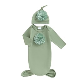 Newborn Baby Girl Nightgowns Knotted Gown 3D Flower Sleepwear Newborn Girl Pajamas Pjs Long Sleeve Coming Home Outfit (Green, 0-3 Months)