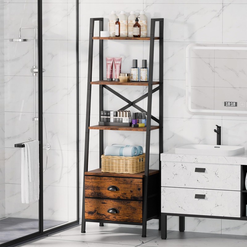 Furologee 4-Tier Ladder Shelf,Small Bookshelf with 2 Drawers,Vertical Bookcase Storage