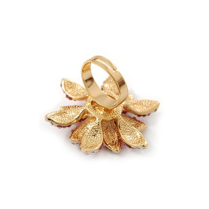 Avalaya Large Dimensional Clear/Pink Diamante Narcissus Cocktail Ring In Gold